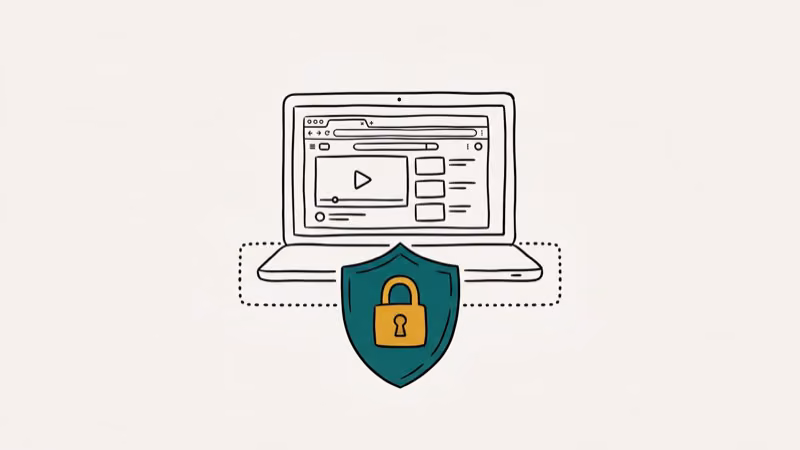 Laptop connected through a VPN teal shield with amber lock icon representing secure and private streaming