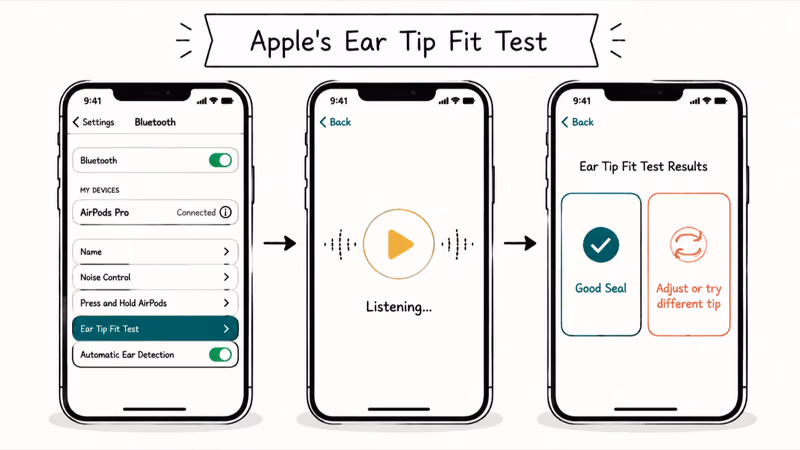 Three iPhone screens showing the Ear Tip Fit Test flow and Good Seal versus Adjust result outcomes.
