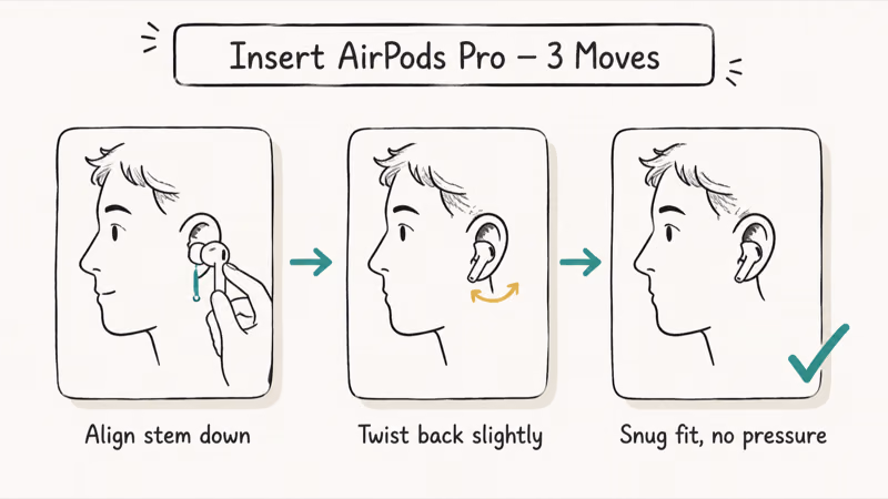 Three-frame side-profile illustration of correctly inserting AirPods Pro with twist and alignment cues.