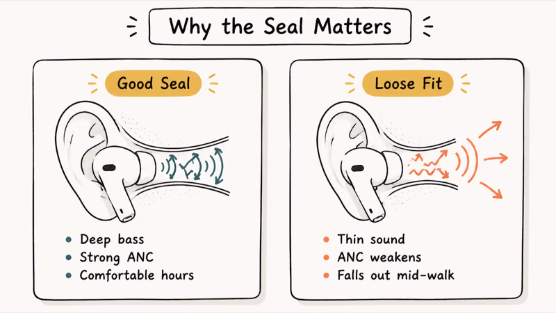 Side-by-side comparison of AirPods Pro good seal versus loose fit showing bass and noise-cancel effects.