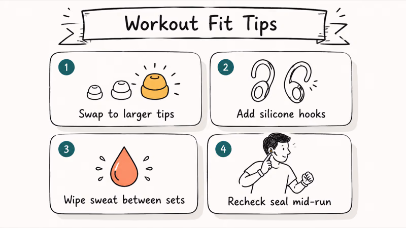 Four-tile grid of tactics to keep AirPods Pro secure during running and high-motion workouts.