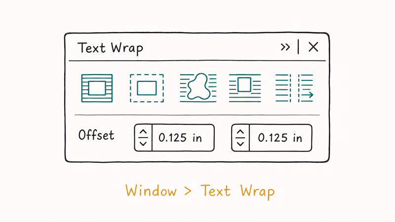 InDesign Text Wrap panel showing the five wrap modes including bounding box object shape and jump options