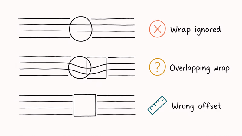 Three rows summarizing common InDesign text wrap problems including ignored overlapping and offset issues