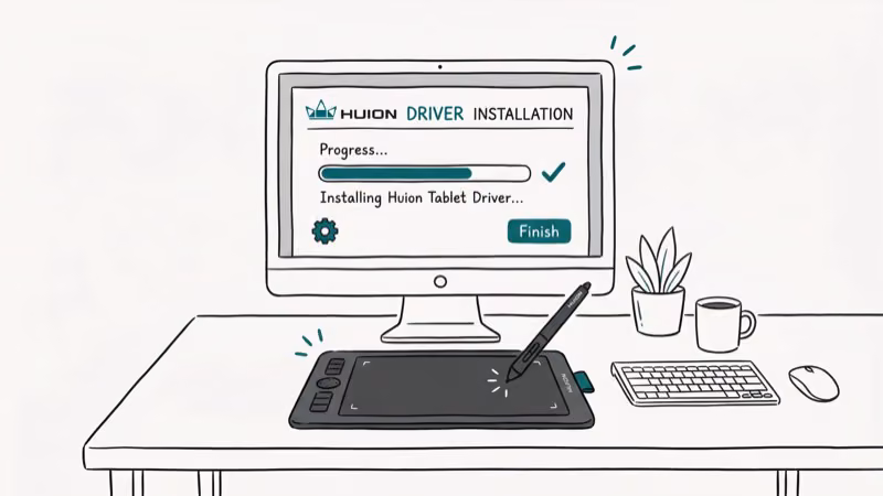 Desktop computer showing Huion driver installation interface with drawing tablet and pen below it