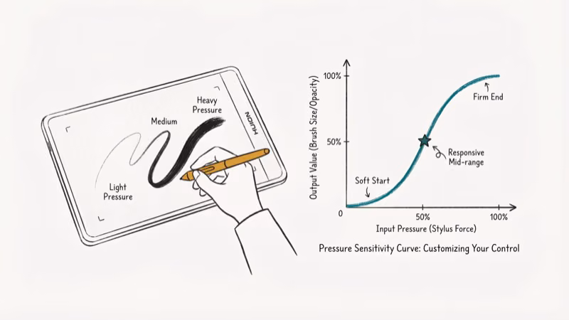 Drawing tablet with pen doing a pressure test stroke next to a teal pressure sensitivity curve graph