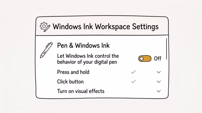 Windows settings panel with Windows Ink toggle disabled and stylus pen icon showing tablet settings
