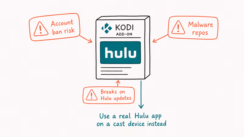 Kodi add on card surrounded by three coral risk labels for account bans malware and broken Hulu updates