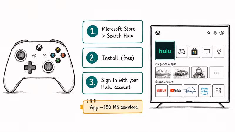 Xbox controller and dashboard with three numbered install steps for Hulu from Microsoft Store sign in account