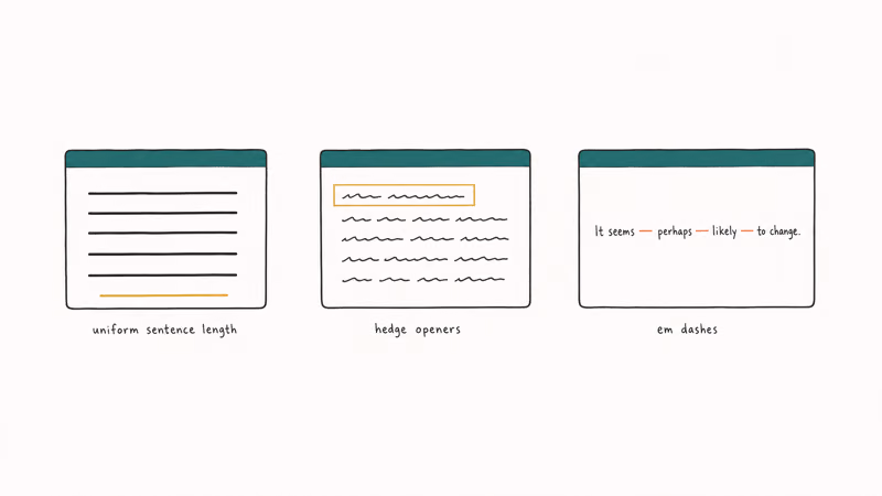 Hand-drawn diagram showing three AI writing tells: uniform sentences, hedge openers, and overused em dashes.
