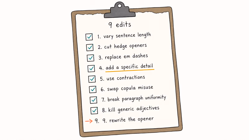 Hand-drawn editor checklist showing the nine concrete edits that make AI text sound human.
