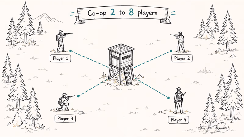 Multiplayer hunting scene with four hunter silhouettes around a blind connected by network arrows for cooperative play