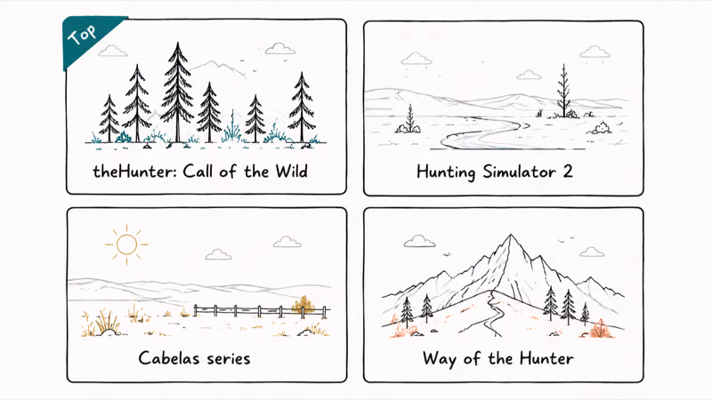 Four tile grid of realistic PS4 hunting simulators including theHunter Hunting Simulator Cabela and Way of the Hunter