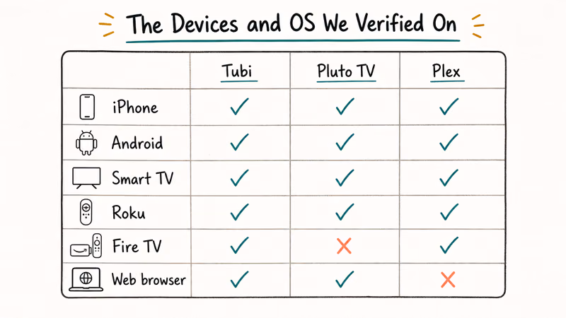 Compatibility matrix showing which free legal services work on which devices.