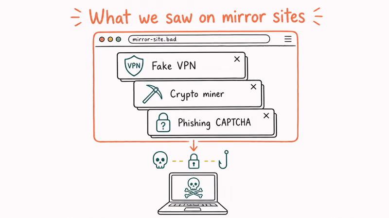 Browser window with coral warning border showing the typical pop-ups and phishing surfaces seen on Hurawatch mirror domains.