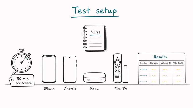 Test bench showing devices, timer, and spreadsheet used to compare free legal streaming services.