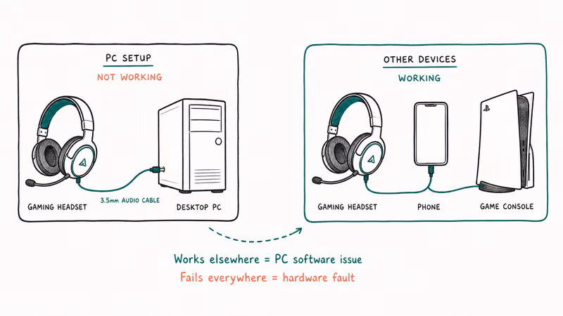 Headset connected to a PC dashed arrow to a phone and console with verdict labels distinguishing hardware versus
