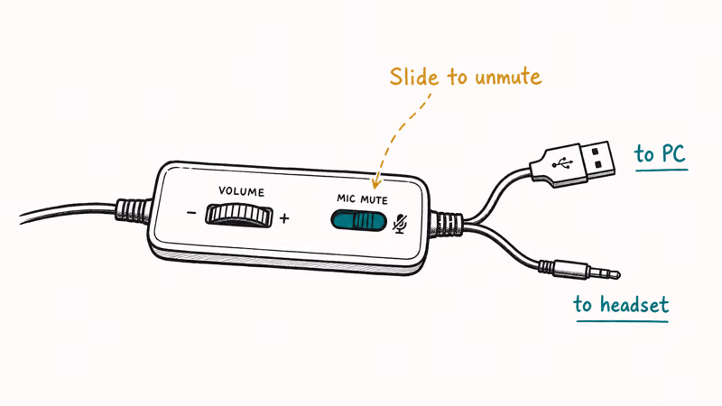 Close-up of HyperX inline USB sound card with the physical microphone mute slider switch highlighted in teal