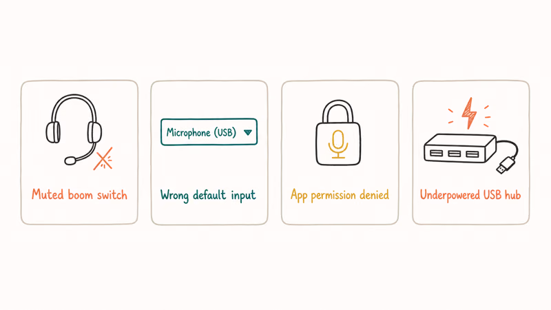 Four cards showing top causes of HyperX Cloud 2 mic failure including mute switch input permissions and USB