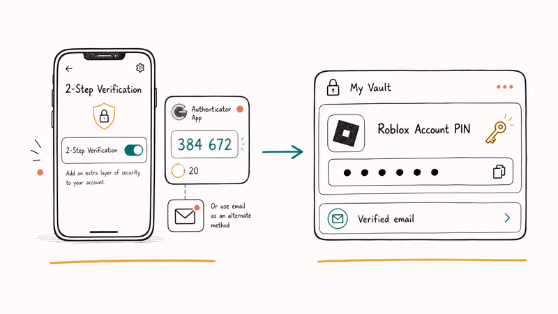Phone showing 2-Step Verification toggle next to password manager vault entry storing Roblox PIN