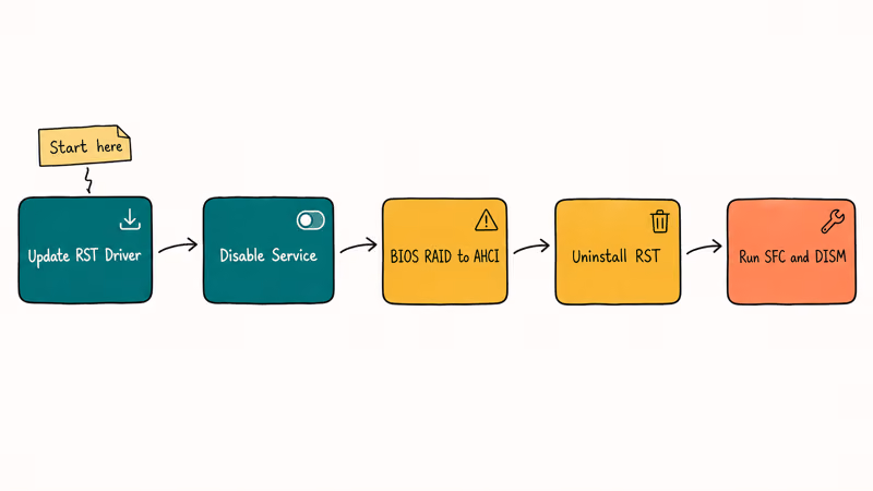 Flowchart of five fix steps from updating Intel RST driver to running system file checker