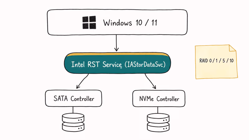 Diagram of Intel RST service connecting Windows to SATA and NVMe storage controllers