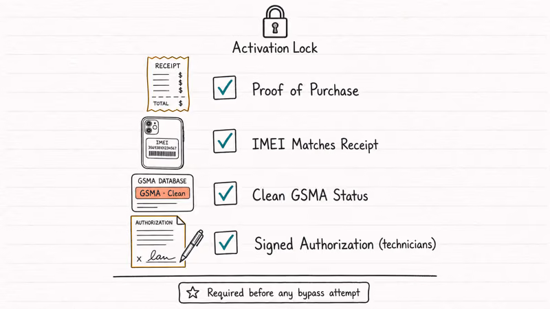 Hand-drawn checklist of four legal ownership requirements before attempting activation lock bypass