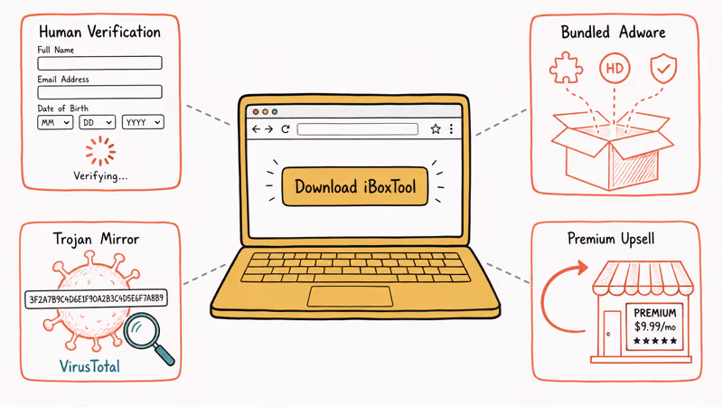Infographic showing four malware tactics used by iBoxTool download mirror sites