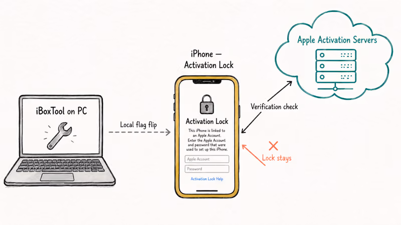Diagram showing iCloud activation lock verified by Apple servers not local PC tool