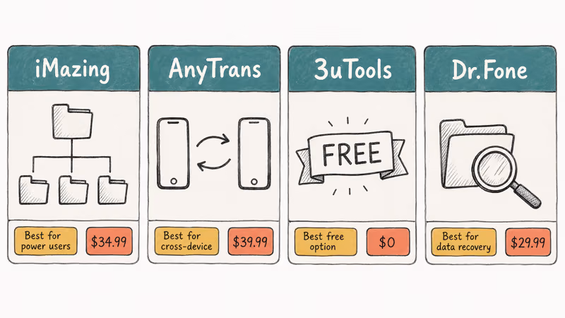 Hand-drawn lineup of four iCareFone alternatives with role tags and starting prices side by side.
