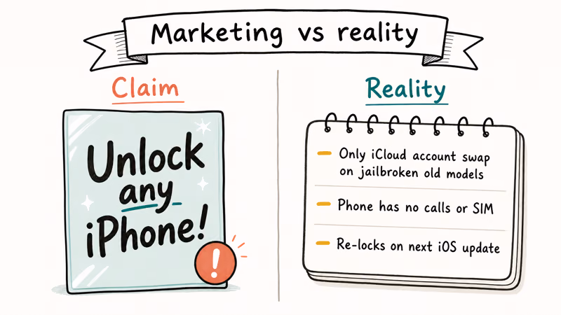 Side-by-side cards showing the marketing claim of iCloud bypass tools versus the technical reality.