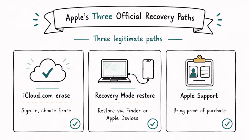 Three Apple-official recovery paths — iCloud.com erase, Recovery Mode restore, and Apple Support with proof of purchase.