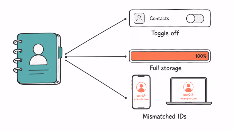 Three iCloud contact sync failures fanning out from a frozen address book icon