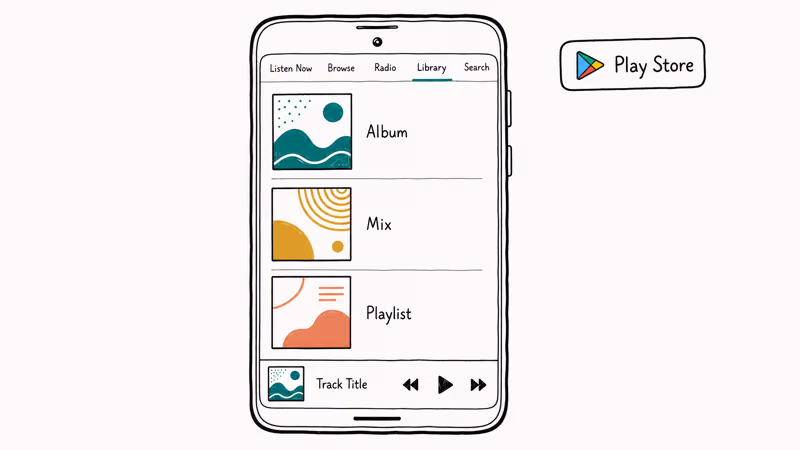 Android phone running Apple Music app with Library tab albums and now-playing bar visible.