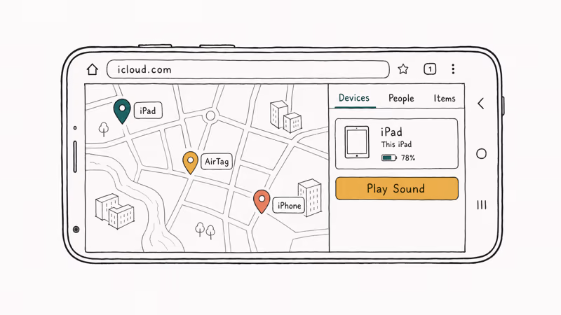 Android phone showing iCloud Find My web map with device pins for iPad AirTag iPhone.