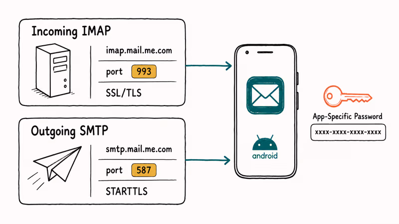 Diagram of iCloud IMAP and SMTP server settings with ports SSL and app password.