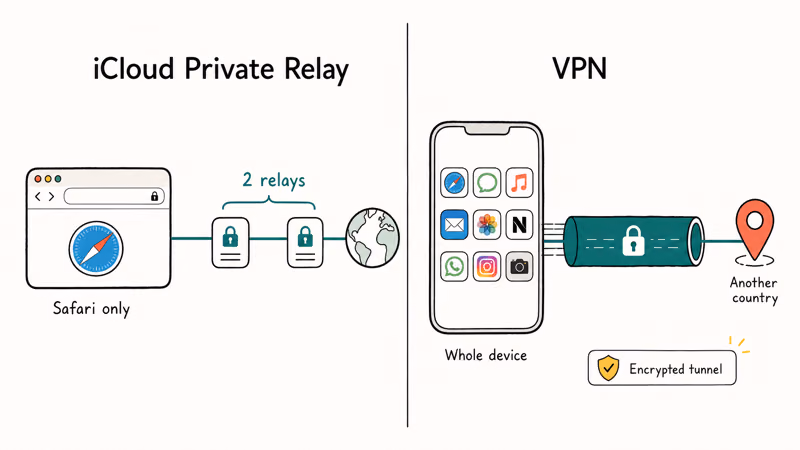 Split illustration contrasting Safari-only iCloud Private Relay with whole-device VPN tunnel coverage