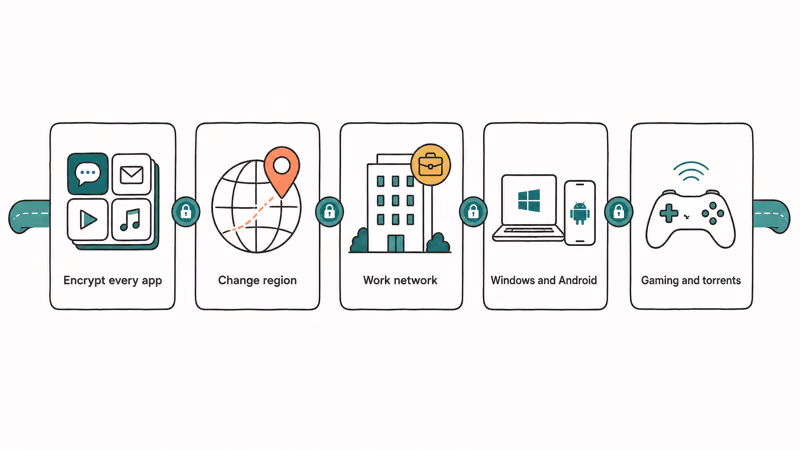 Five cards showing VPN-only jobs: all-app encryption, region change, work network, cross-platform, gaming