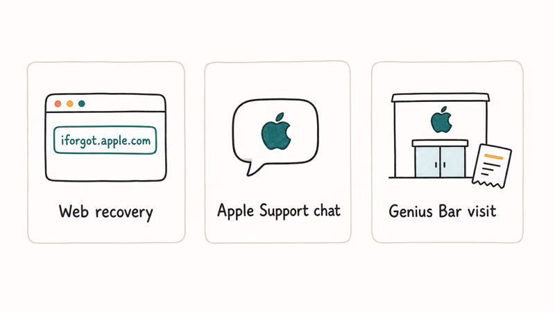 Three official Apple recovery paths shown as cards including iforgot website support chat and Genius Bar visit