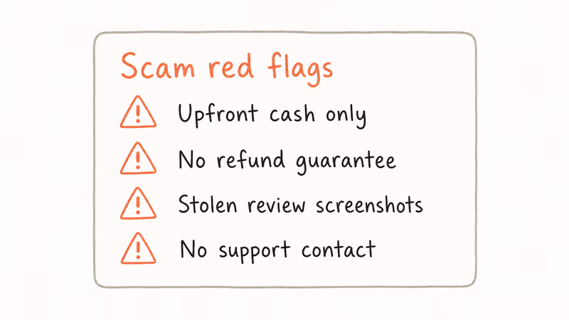 Checklist card showing four red flags of iCloud removal scams including upfront fees fake reviews and no refund