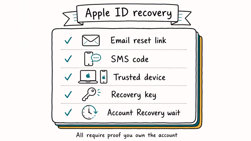 Card stack showing five Apple ID password recovery options.