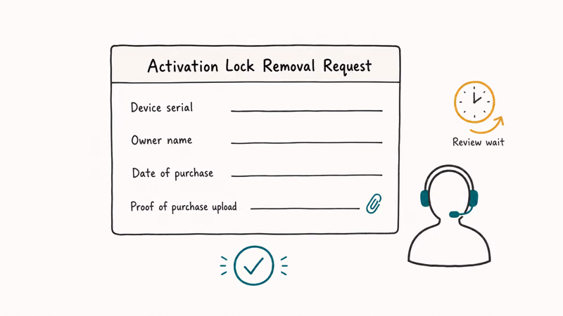 Hand-drawn Apple Activation Lock Removal Request form with proof-of-purchase upload and review timeline.