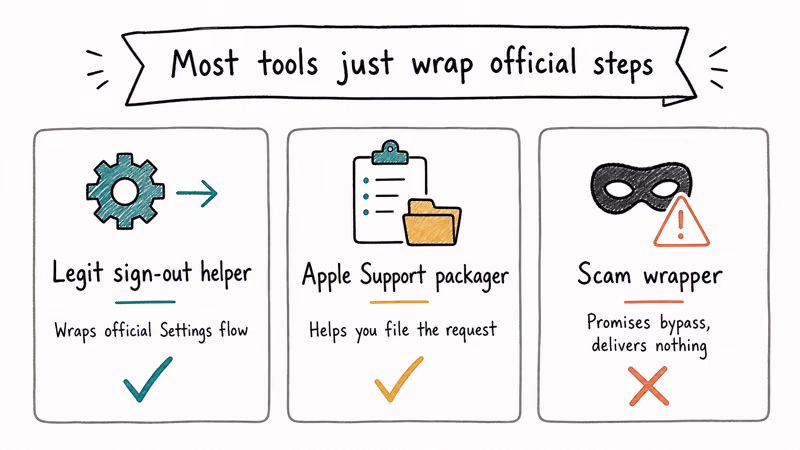 Three category cards showing what iCloud remover tools actually do — legit sign-out helper, Apple Support packager, or
