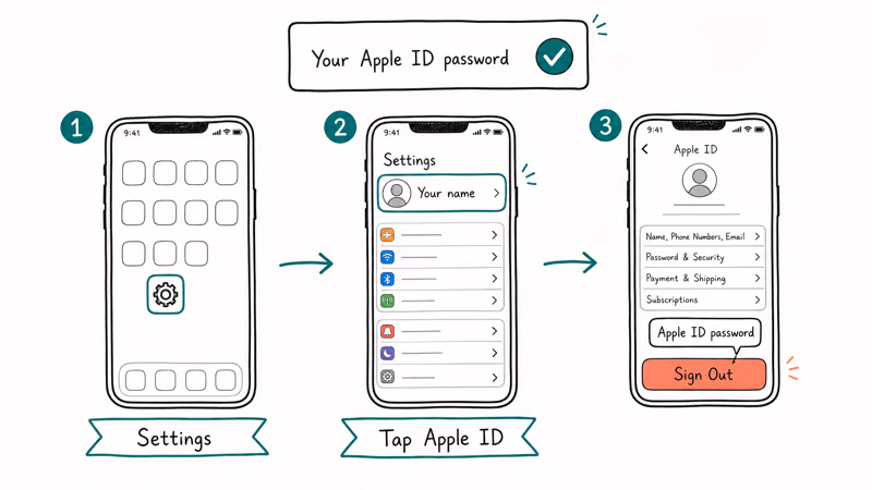 iPhone Settings showing the sign-out flow under Apple ID with the owner's password as the gate.