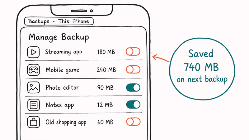 Hand-drawn iPhone backup screen showing which app categories to toggle off to save 740 megabytes.