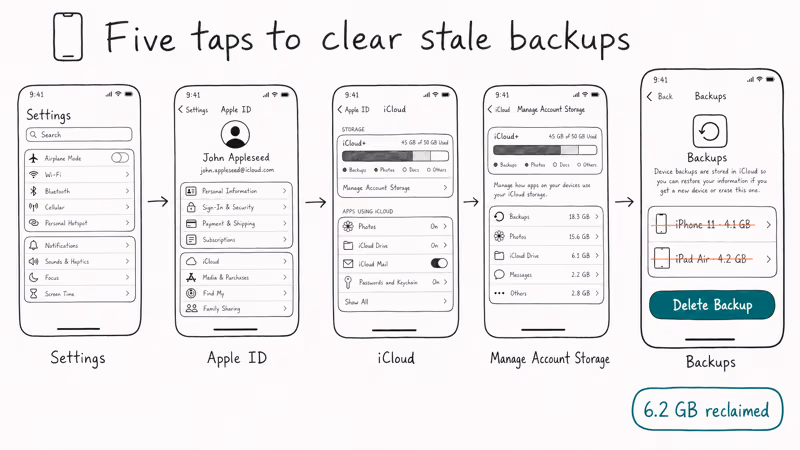 Hand-drawn flowchart showing the five-tap path to delete old iCloud device backups on iPhone.