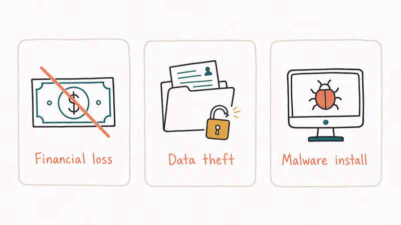 Risk panel listing financial loss data theft and malware as consequences of using fake iCloud removal sites