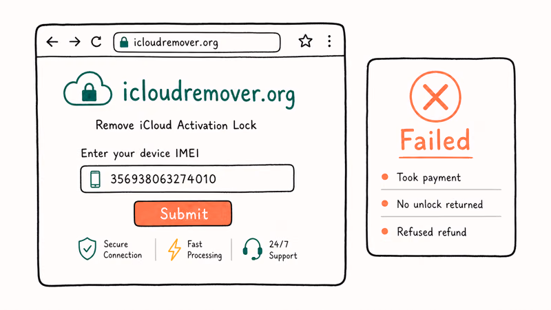 Browser showing icloudremover dot org form on the left and a coral failed verdict card on the right