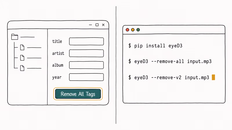 Linux EasyTAG GUI beside terminal eyeD3 commands for stripping MP3 tags
