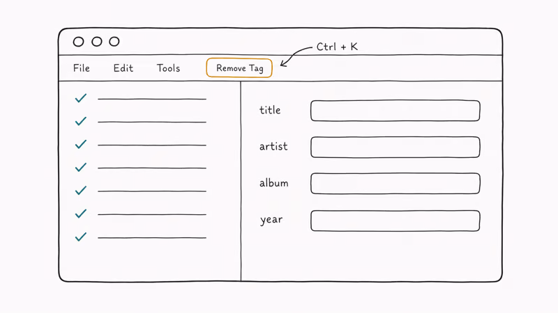 MP3Tag window showing batch file selection with the Remove Tag toolbar button highlighted
