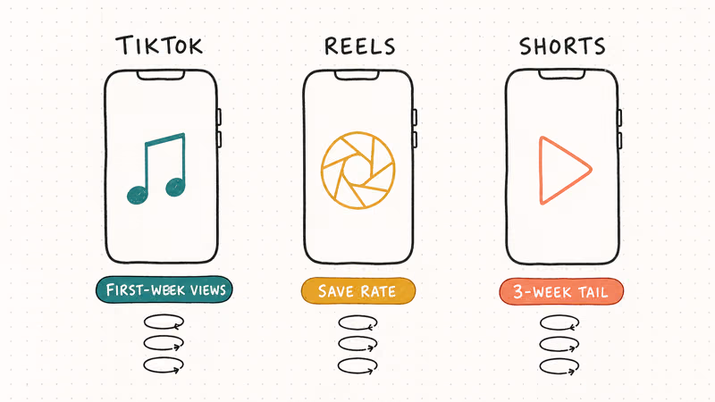Three hand-drawn smartphones comparing TikTok Reels and Shorts strengths for short-form video creators.